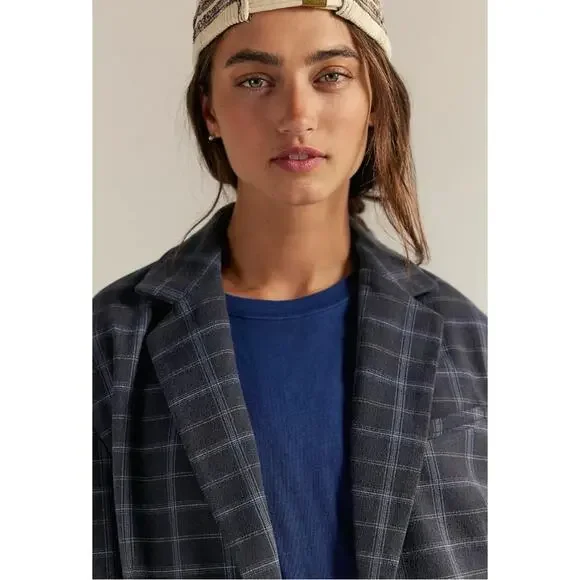 Free People Oversized Layering Menswear Reggie Blazer Blue Plaid Medium Preppy